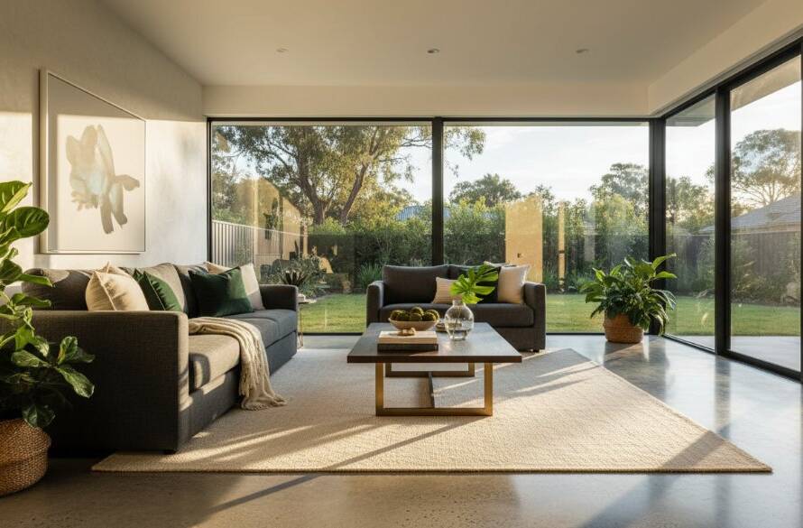 An aerial, cinematic shot of a beautifully staged modern home in Croydon, Victoria, bathed in golden hour sunlight, highlighting its expansive living areas and lush garden, perfect for Croydon Victoria real estate photography for property staging.