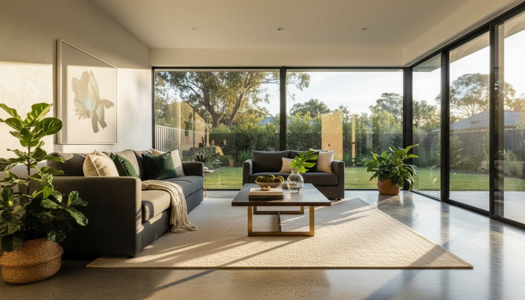 An aerial, cinematic shot of a beautifully staged modern home in Croydon, Victoria, bathed in golden hour sunlight, highlighting its expansive living areas and lush garden, perfect for Croydon Victoria real estate photography for property staging.