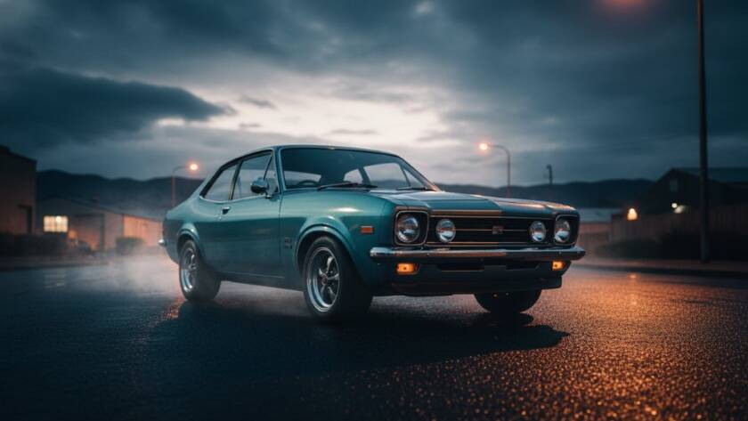 Dramatic, cinematic shot of a meticulously restored vintage muscle car gleaming under a low sun in an industrial Dandenong setting, showcasing Dandenong automotive photography for enthusiasts with dynamic angles and strong contrasts.