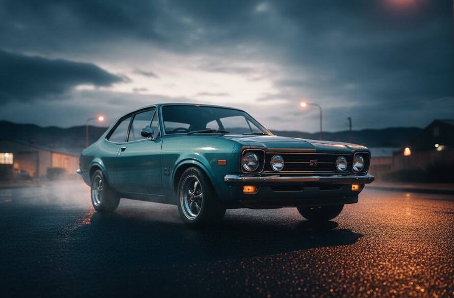 Dramatic, cinematic shot of a meticulously restored vintage muscle car gleaming under a low sun in an industrial Dandenong setting, showcasing Dandenong automotive photography for enthusiasts with dynamic angles and strong contrasts.