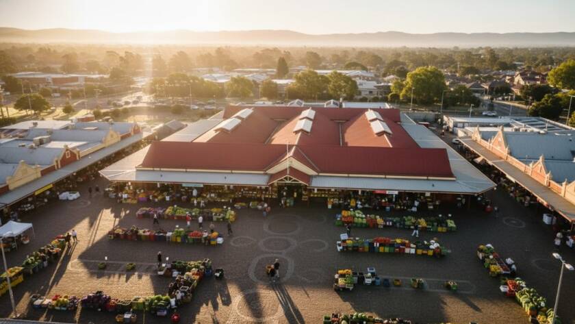 An epic moment captured by Dandenong drone photography capturing unique aerial perspectives: a breathtaking aerial view of the iconic Dandenong Market bustling below, with the vibrant colours of fresh produce and diverse crowds, under a dramatic sunrise sky, professional cinematic shot.