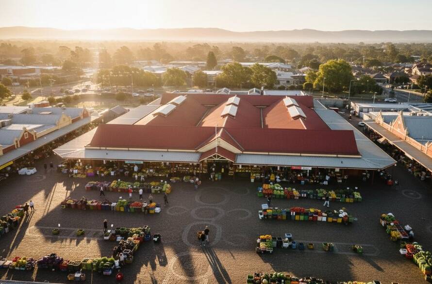 An epic moment captured by Dandenong drone photography capturing unique aerial perspectives: a breathtaking aerial view of the iconic Dandenong Market bustling below, with the vibrant colours of fresh produce and diverse crowds, under a dramatic sunrise sky, professional cinematic shot.