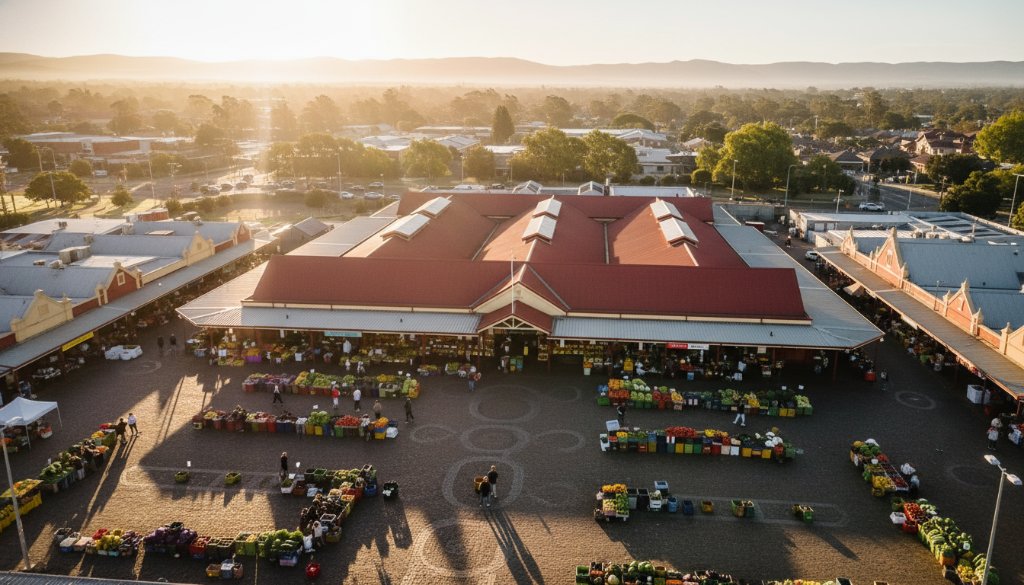 An epic moment captured by Dandenong drone photography capturing unique aerial perspectives: a breathtaking aerial view of the iconic Dandenong Market bustling below, with the vibrant colours of fresh produce and diverse crowds, under a dramatic sunrise sky, professional cinematic shot.