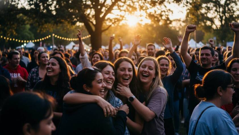 Dandenong Event Photography Cherished Memory Capture: A vibrant, candid shot of guests laughing joyously under string lights at a twilight event in Dandenong Park, capturing an unforgettable shared moment of celebration.