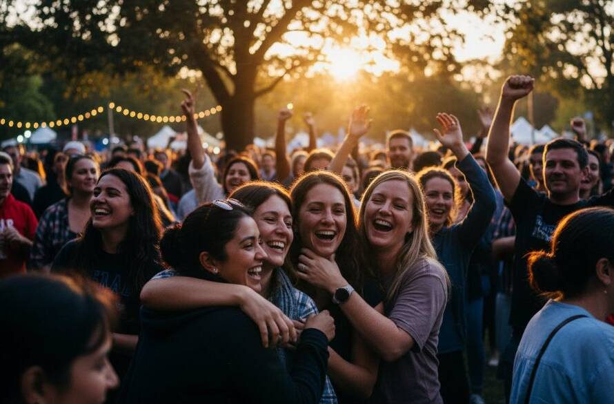 Dandenong Event Photography Cherished Memory Capture: A vibrant, candid shot of guests laughing joyously under string lights at a twilight event in Dandenong Park, capturing an unforgettable shared moment of celebration.