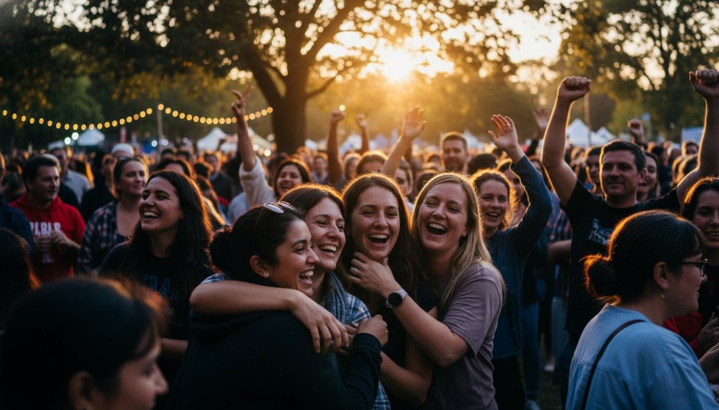 Dandenong Event Photography Cherished Memory Capture: A vibrant, candid shot of guests laughing joyously under string lights at a twilight event in Dandenong Park, capturing an unforgettable shared moment of celebration.