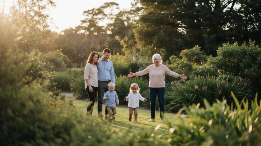 An epic moment of a multi-generational Dandenong family photography session, capturing genuine joy as children laugh and embrace grandparents amidst the lush backdrop of Dandenong's botanical gardens at golden hour, with warm, professional lighting.