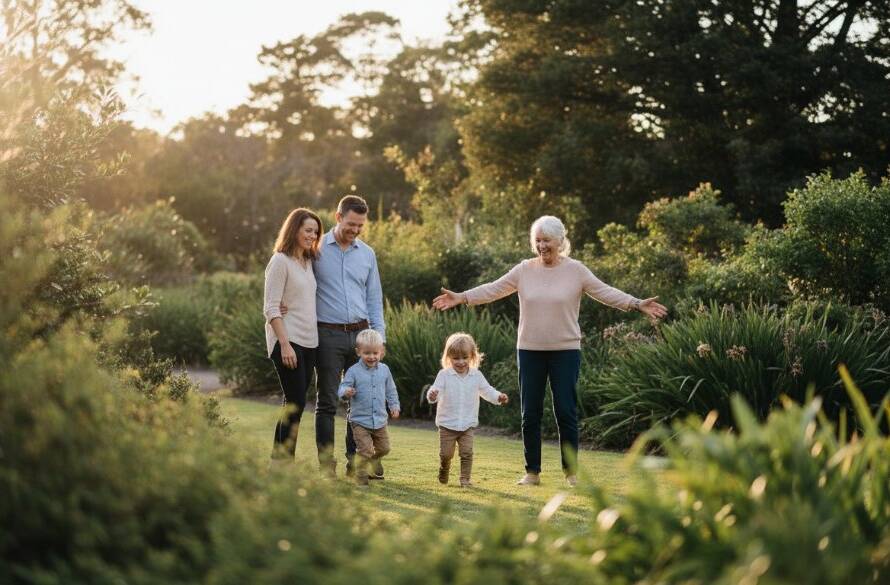 An epic moment of a multi-generational Dandenong family photography session, capturing genuine joy as children laugh and embrace grandparents amidst the lush backdrop of Dandenong's botanical gardens at golden hour, with warm, professional lighting.