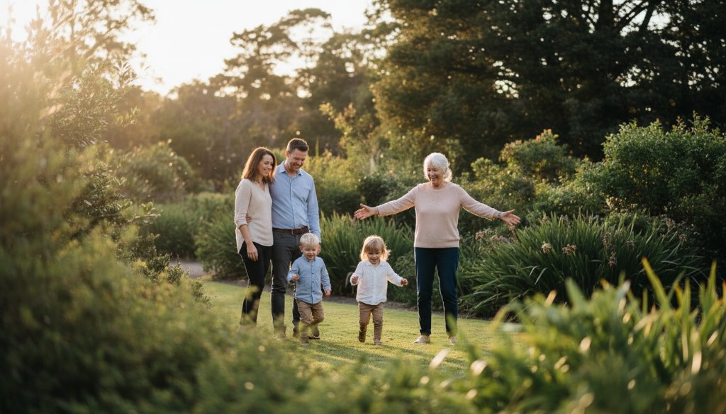 An epic moment of a multi-generational Dandenong family photography session, capturing genuine joy as children laugh and embrace grandparents amidst the lush backdrop of Dandenong's botanical gardens at golden hour, with warm, professional lighting.
