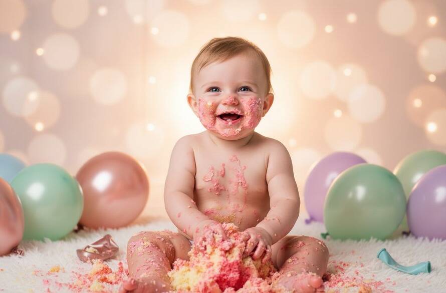 An adorable baby with a wide, joyful smile, covered in cake, surrounded by colourful balloons and a whimsical backdrop, captured in an epic moment during a Dandenong First Birthday Cake Smash Photography session, with dramatic, warm lighting highlighting the pure fun and celebration.