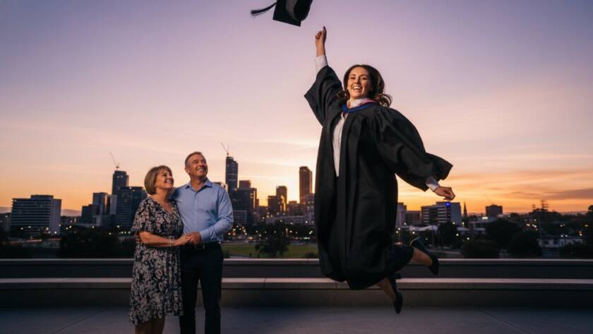 An 'epic moment' photograph showcasing a joyous graduate in Dandenong, cap mid-air, surrounded by beaming family and vibrant local scenery, expertly captured through Dandenong graduation photography: capturing your Victorian success.