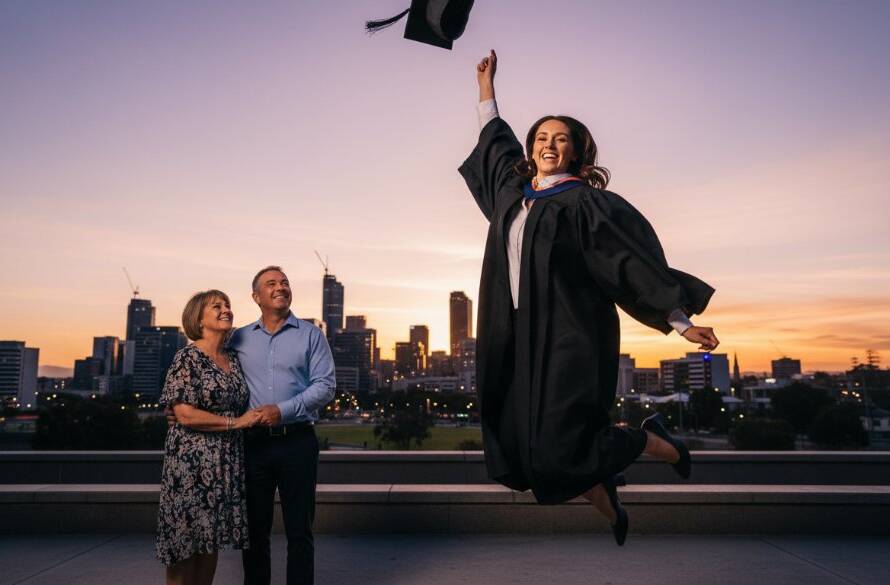 An 'epic moment' photograph showcasing a joyous graduate in Dandenong, cap mid-air, surrounded by beaming family and vibrant local scenery, expertly captured through Dandenong graduation photography: capturing your Victorian success.
