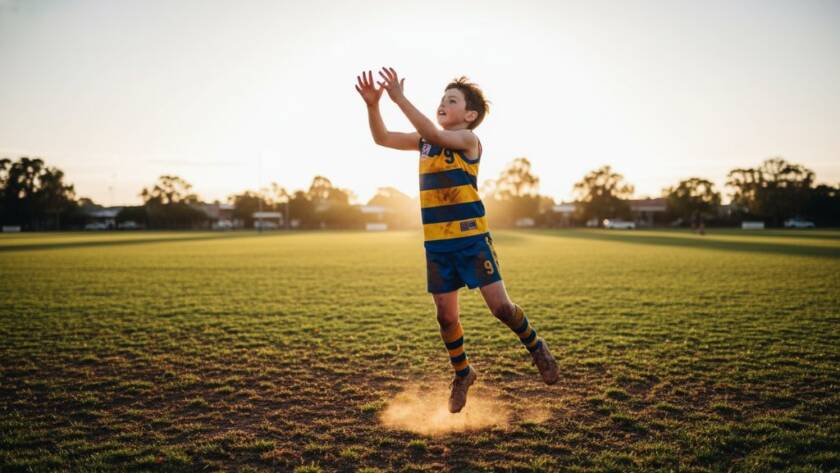 A dramatic, low-angle shot capturing Dandenong junior football photography action, showing a young player mid-air attempting a spectacular mark, bathed in golden hour light on a Dandenong oval, with a determined expression.