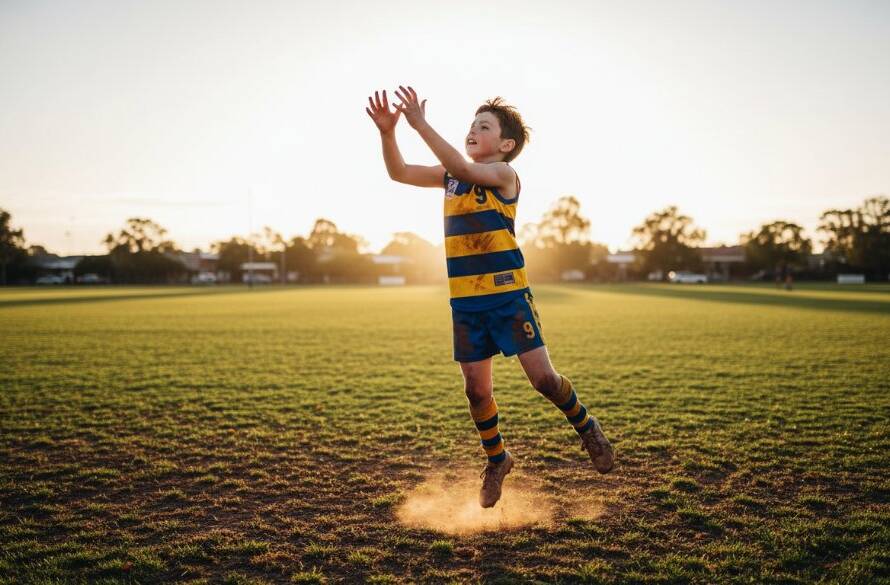 A dramatic, low-angle shot capturing Dandenong junior football photography action, showing a young player mid-air attempting a spectacular mark, bathed in golden hour light on a Dandenong oval, with a determined expression.