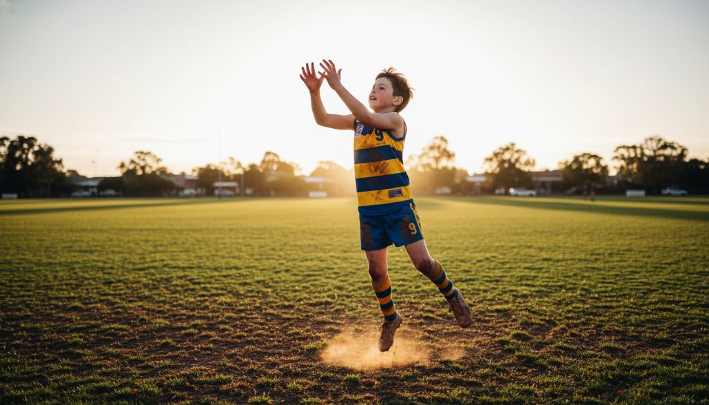 A dramatic, low-angle shot capturing Dandenong junior football photography action, showing a young player mid-air attempting a spectacular mark, bathed in golden hour light on a Dandenong oval, with a determined expression.