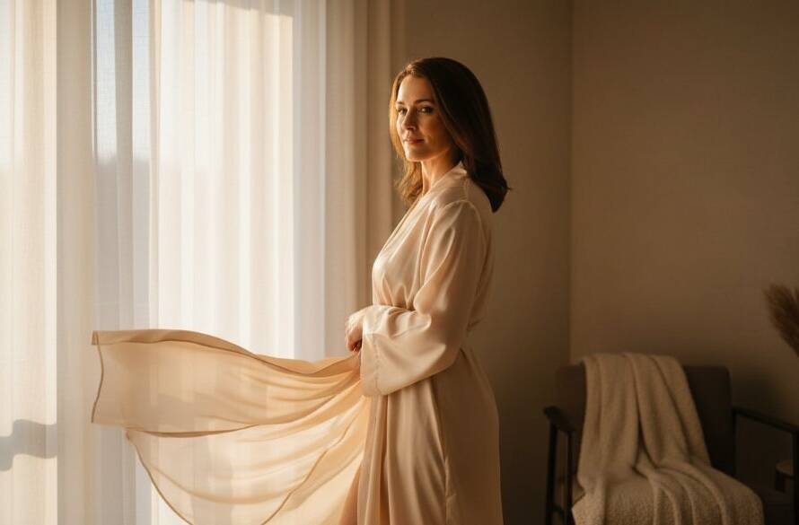 A stunning, soft-focus image capturing an epic moment of a woman's confident and radiant expression during a Dandenong North Boudoir Photography Experience, with warm, dramatic lighting illuminating her silhouette against a luxurious backdrop.