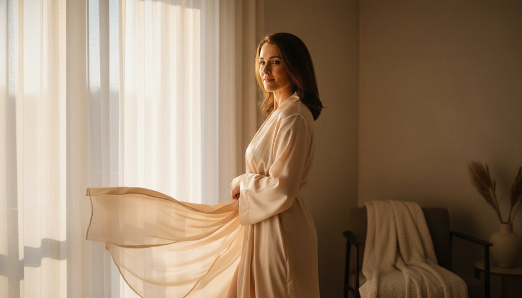 A stunning, soft-focus image capturing an epic moment of a woman's confident and radiant expression during a Dandenong North Boudoir Photography Experience, with warm, dramatic lighting illuminating her silhouette against a luxurious backdrop.