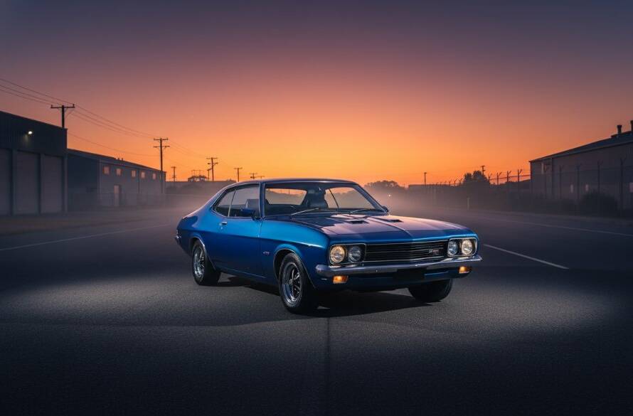 An epic moment of a classic muscle car, dynamically captured in Dandenong North at dusk, showcasing its sleek lines and powerful presence with dramatic lighting, embodying Dandenong North cinematic car photography.