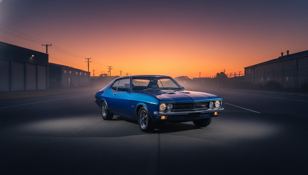 An epic moment of a classic muscle car, dynamically captured in Dandenong North at dusk, showcasing its sleek lines and powerful presence with dramatic lighting, embodying Dandenong North cinematic car photography.