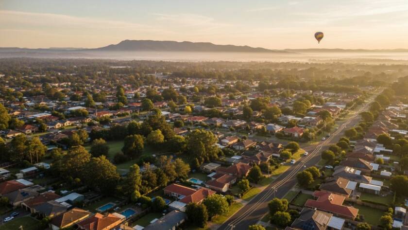 An epic drone photography shot over Dandenong North capturing the sunrise glow on suburban rooftops and distant Dandenong Ranges, highlighting breathtaking aerial views and a sense of peaceful morning activity, perfect for Dandenong North drone photography marketing.