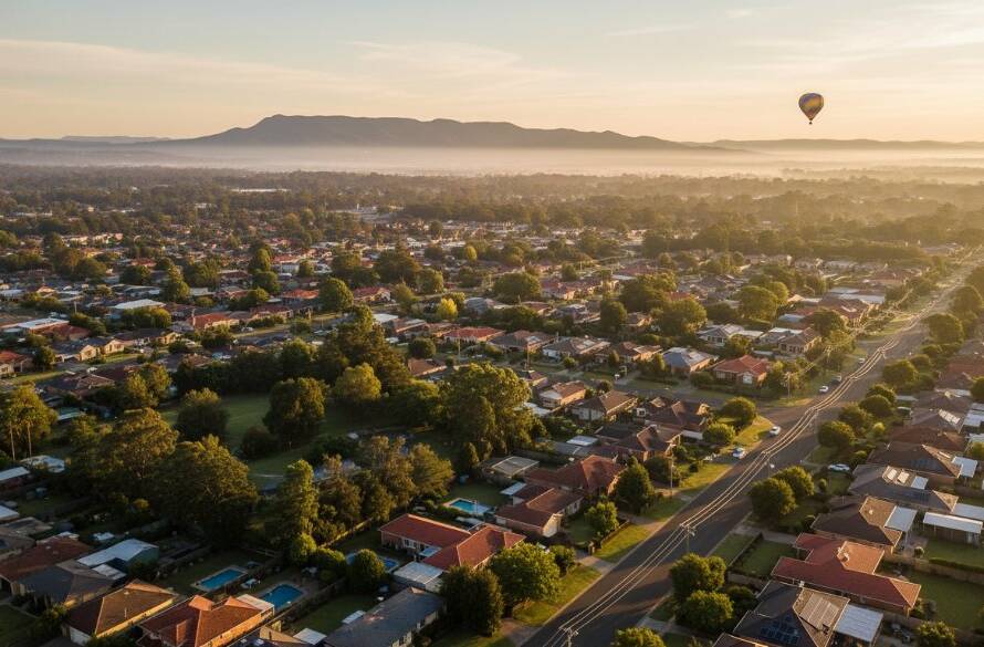 An epic drone photography shot over Dandenong North capturing the sunrise glow on suburban rooftops and distant Dandenong Ranges, highlighting breathtaking aerial views and a sense of peaceful morning activity, perfect for Dandenong North drone photography marketing.