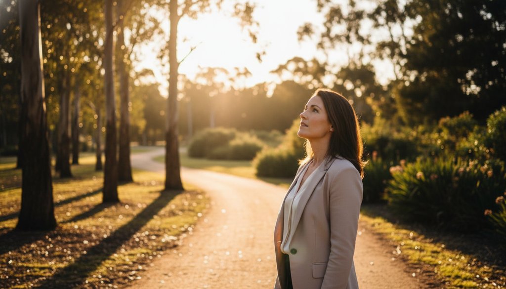 An evocative Dandenong North fine art storytelling portrait featuring a subject bathed in dramatic golden hour light against a lush, natural backdrop, capturing a moment of profound introspection.