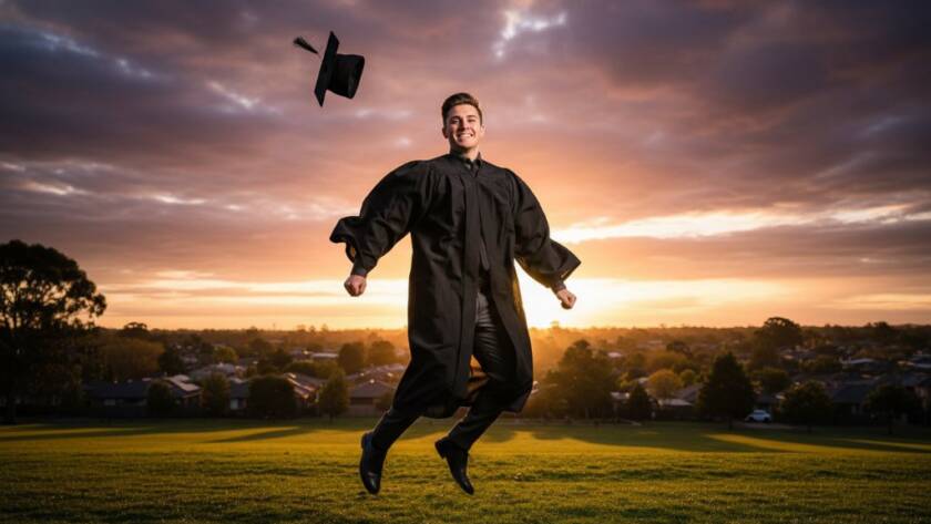 A jubilant graduate in their cap and gown, framed against the vibrant sunset over Dandenong North, proudly holding their degree, capturing the essence of Dandenong North graduation photography for unforgettable moments with dramatic lighting and a wide, celebratory smile.