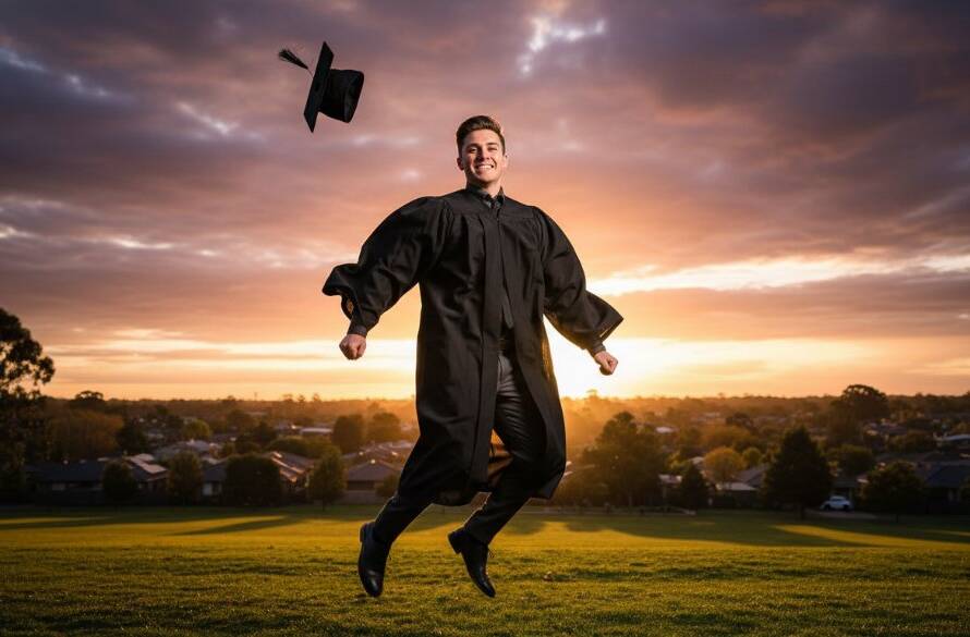 A jubilant graduate in their cap and gown, framed against the vibrant sunset over Dandenong North, proudly holding their degree, capturing the essence of Dandenong North graduation photography for unforgettable moments with dramatic lighting and a wide, celebratory smile.
