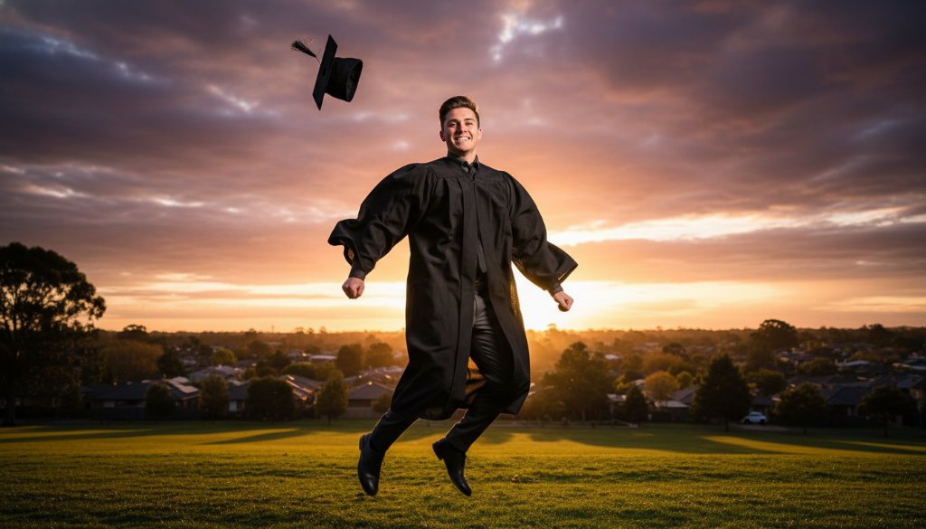 A jubilant graduate in their cap and gown, framed against the vibrant sunset over Dandenong North, proudly holding their degree, capturing the essence of Dandenong North graduation photography for unforgettable moments with dramatic lighting and a wide, celebratory smile.