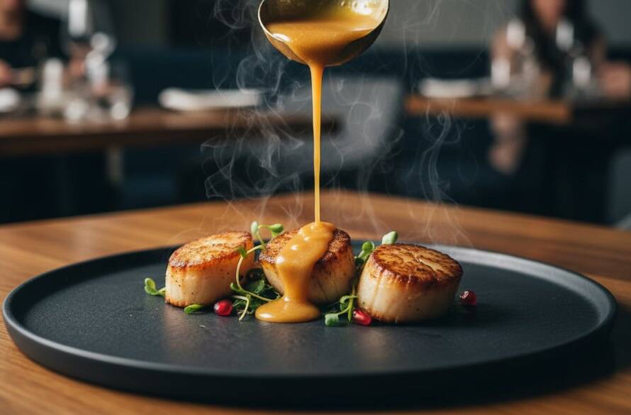 Dramatic close-up of a steaming gourmet dish, expertly captured with Dandenong North local food photography magic, showcasing vibrant colours and textures in a restaurant setting with blurred ambient background lighting, ready for a hero shot.
