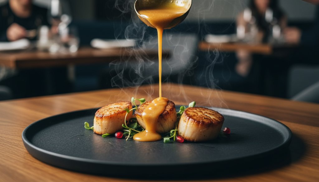Dramatic close-up of a steaming gourmet dish, expertly captured with Dandenong North local food photography magic, showcasing vibrant colours and textures in a restaurant setting with blurred ambient background lighting, ready for a hero shot.