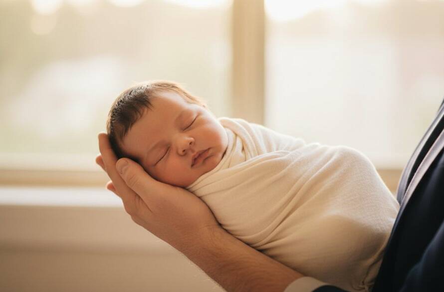 A professional, cinematic close-up of a sleeping newborn baby wrapped in a soft, cream swaddle, held gently in a parent's hands, bathed in warm, soft window light filtering into a cosy Dandenong North home, capturing tender family moments.