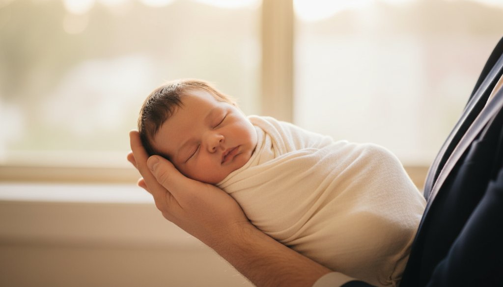 A professional, cinematic close-up of a sleeping newborn baby wrapped in a soft, cream swaddle, held gently in a parent's hands, bathed in warm, soft window light filtering into a cosy Dandenong North home, capturing tender family moments.