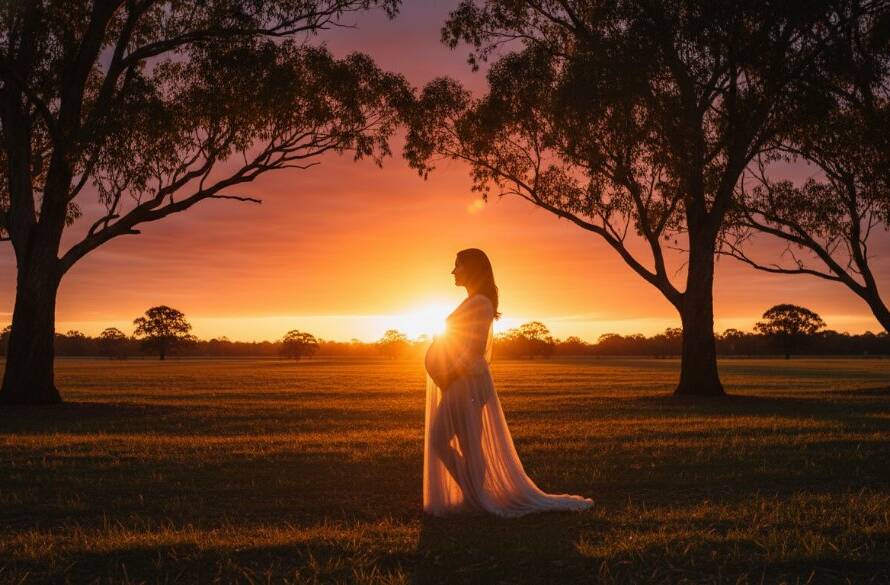 A radiant expectant mother in Dandenong North outdoor maternity photos with golden hour glow, standing gracefully amidst natural parkland with dramatic backlighting, embodying strength and beauty.