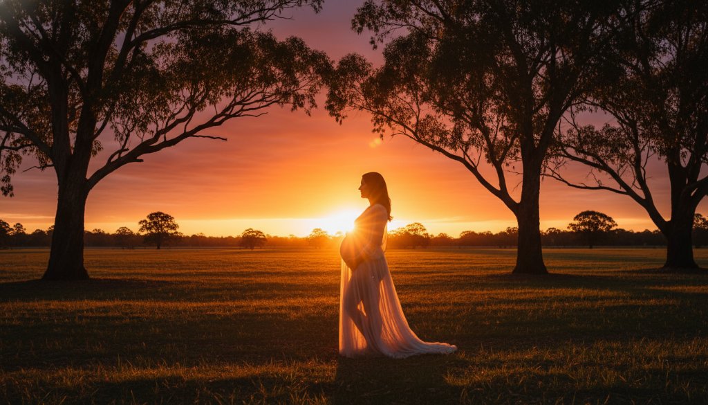 A radiant expectant mother in Dandenong North outdoor maternity photos with golden hour glow, standing gracefully amidst natural parkland with dramatic backlighting, embodying strength and beauty.