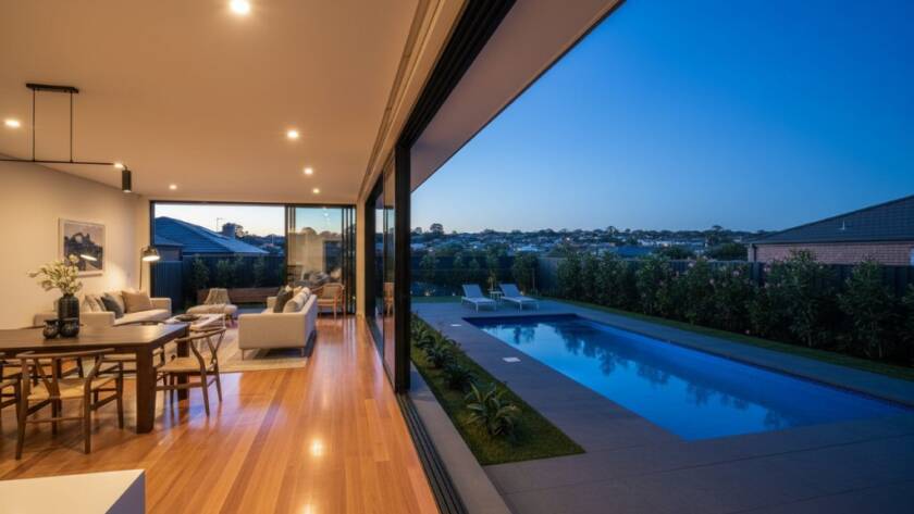 An epic wide-angle shot showcasing a beautifully lit modern home in Dandenong North at twilight, with warm interior lights glowing, highlighting the Dandenong North Real Estate Photography Expertise in capturing inviting property aesthetics. Golden hour glow on the facade, manicured garden.