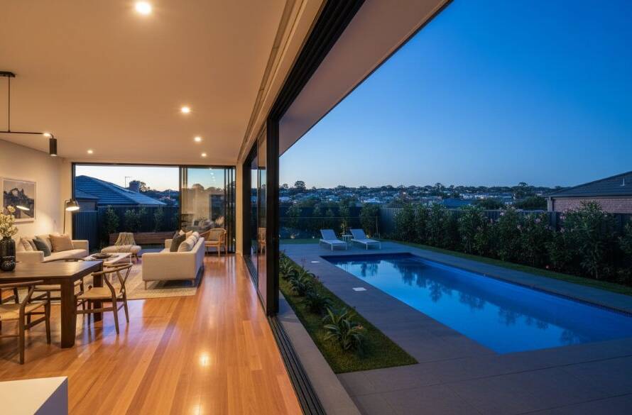 An epic wide-angle shot showcasing a beautifully lit modern home in Dandenong North at twilight, with warm interior lights glowing, highlighting the Dandenong North Real Estate Photography Expertise in capturing inviting property aesthetics. Golden hour glow on the facade, manicured garden.