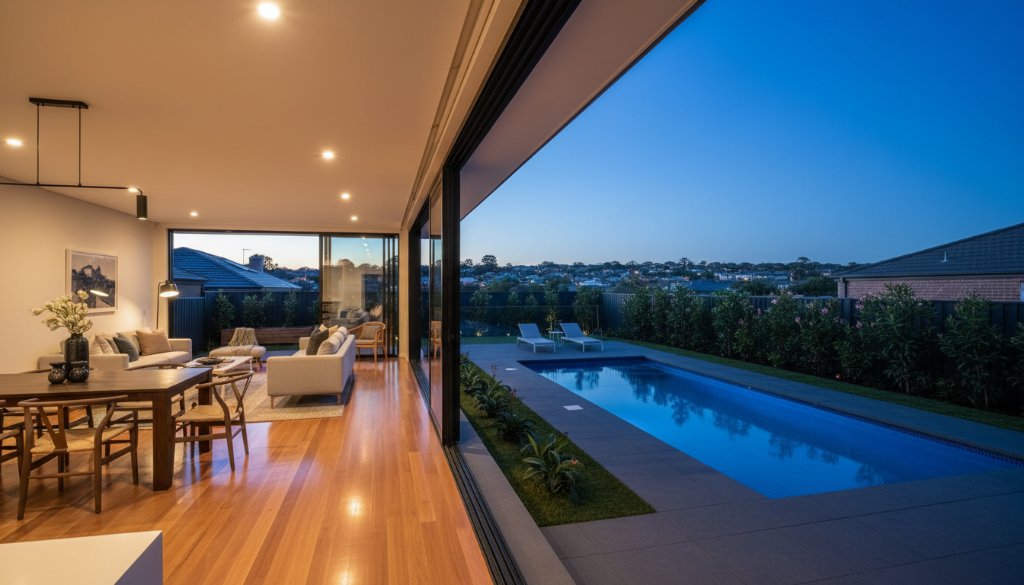 An epic wide-angle shot showcasing a beautifully lit modern home in Dandenong North at twilight, with warm interior lights glowing, highlighting the Dandenong North Real Estate Photography Expertise in capturing inviting property aesthetics. Golden hour glow on the facade, manicured garden.