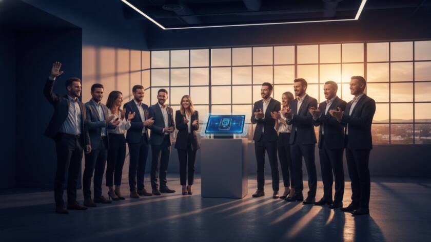 A dynamic, wide-angle shot capturing the successful launch of a new product by a local Dandenong North business, showcasing the impactful commercial photography Dandenong North Victoria provides, with dramatic lighting highlighting the product and an enthusiastic team, embodying a true success story.