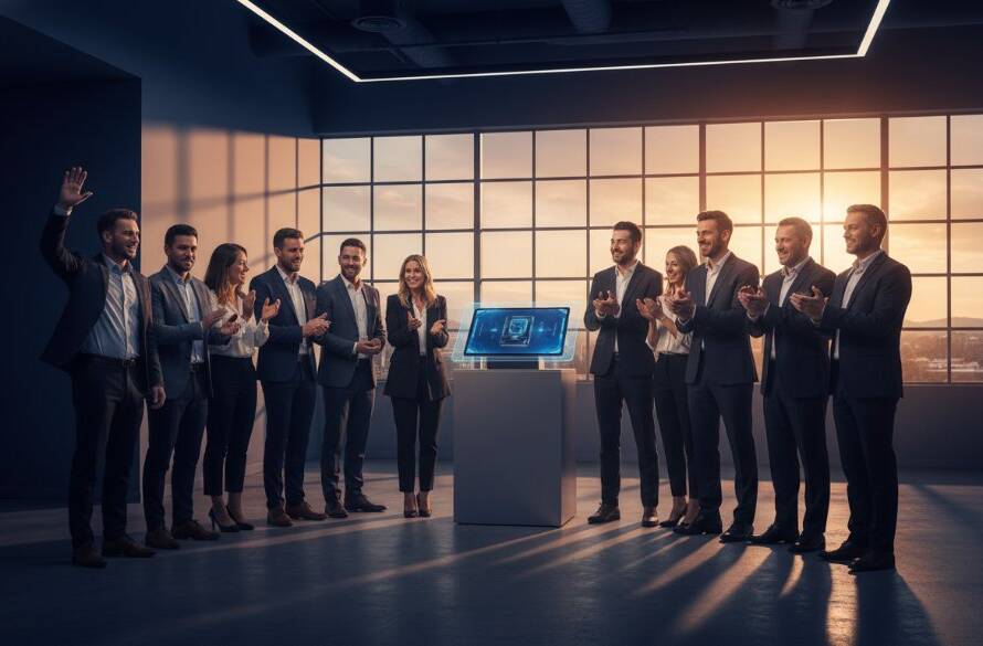 A dynamic, wide-angle shot capturing the successful launch of a new product by a local Dandenong North business, showcasing the impactful commercial photography Dandenong North Victoria provides, with dramatic lighting highlighting the product and an enthusiastic team, embodying a true success story.