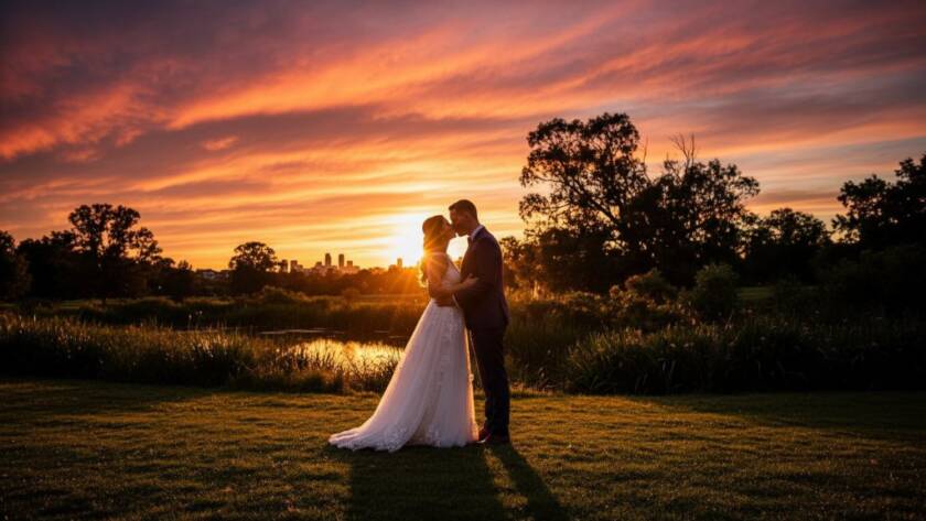 An epic moment of a newlywed couple embracing passionately at sunset in a scenic Dandenong North park, showcasing Dandenong North wedding photography unforgettable moments, with warm, golden hour lighting and bokeh background.