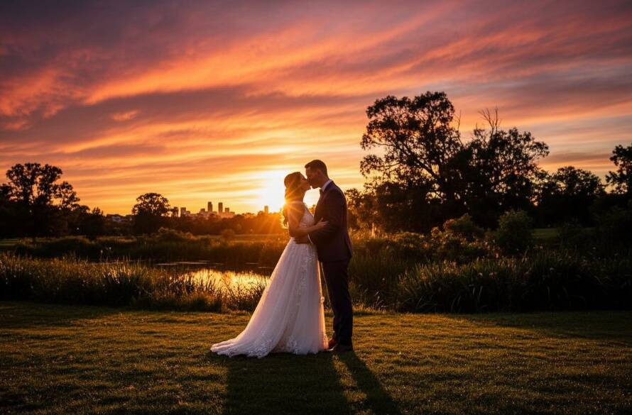 An epic moment of a newlywed couple embracing passionately at sunset in a scenic Dandenong North park, showcasing Dandenong North wedding photography unforgettable moments, with warm, golden hour lighting and bokeh background.
