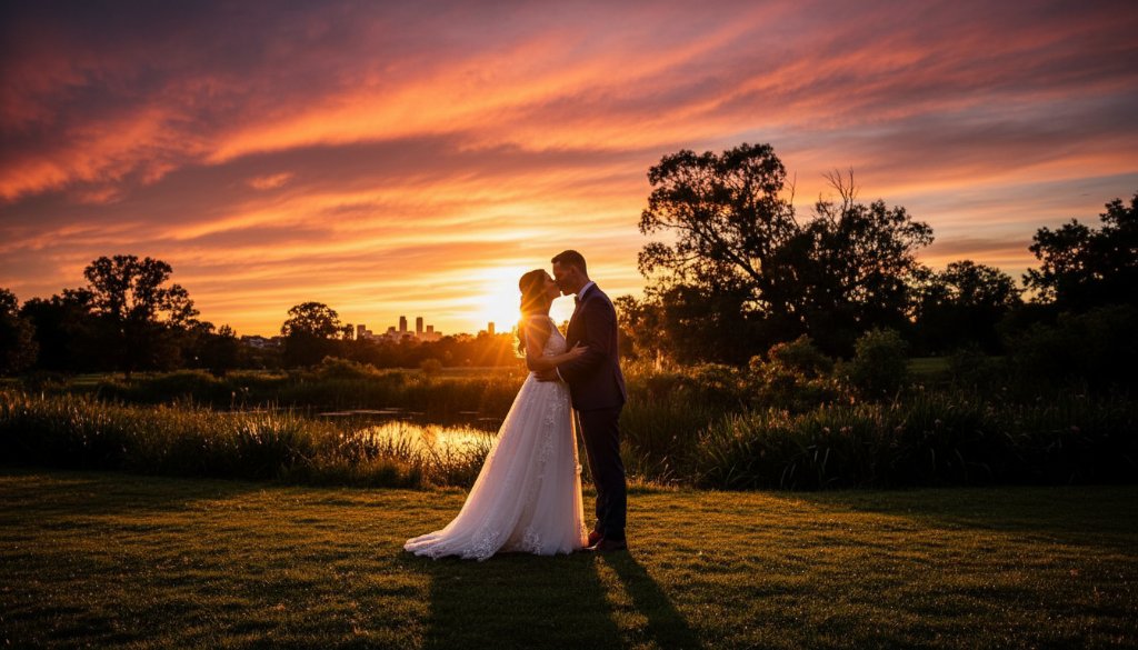 An epic moment of a newlywed couple embracing passionately at sunset in a scenic Dandenong North park, showcasing Dandenong North wedding photography unforgettable moments, with warm, golden hour lighting and bokeh background.