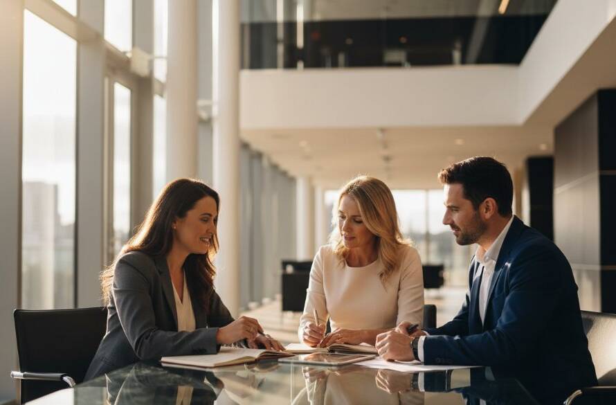 A striking, cinematic photograph of a diverse team of professionals in Dandenong, Victoria, collaborating with a modern, dynamic backdrop, showcasing the essence of Dandenong professional corporate headshots Victoria with dramatic, warm lighting and sharp focus on their engaged expressions.
