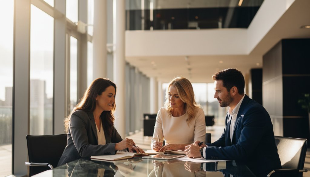 A striking, cinematic photograph of a diverse team of professionals in Dandenong, Victoria, collaborating with a modern, dynamic backdrop, showcasing the essence of Dandenong professional corporate headshots Victoria with dramatic, warm lighting and sharp focus on their engaged expressions.