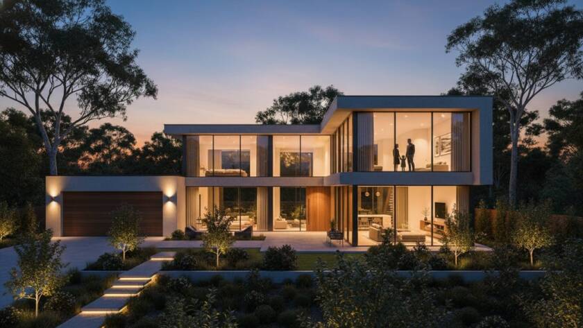 An aerial, dusk shot of a beautifully lit modern home in Dandenong, showcasing the lush garden and surrounding neighbourhood, emphasizing how Dandenong real estate photography elevates property listings with a cinematic glow.