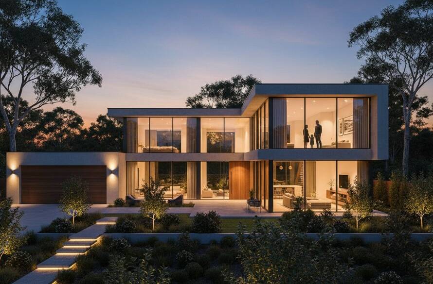 An aerial, dusk shot of a beautifully lit modern home in Dandenong, showcasing the lush garden and surrounding neighbourhood, emphasizing how Dandenong real estate photography elevates property listings with a cinematic glow.