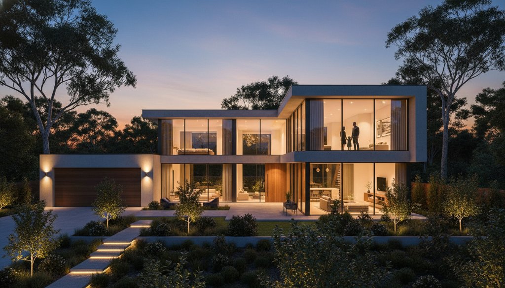 An aerial, dusk shot of a beautifully lit modern home in Dandenong, showcasing the lush garden and surrounding neighbourhood, emphasizing how Dandenong real estate photography elevates property listings with a cinematic glow.