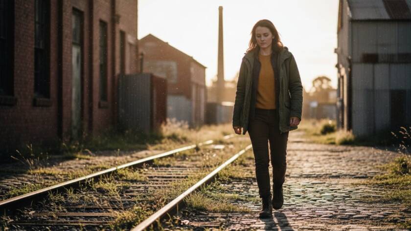 A powerful, cinematic fine art portrait capturing a subject bathed in dramatic golden hour light against a textured industrial backdrop in Dandenong South, embodying Dandenong South artistic portrait photography Victoria.