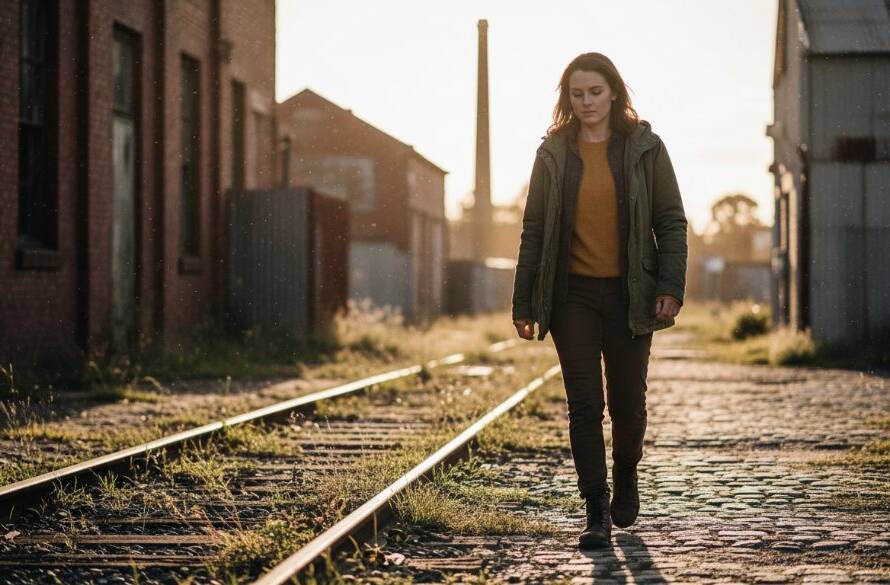 A powerful, cinematic fine art portrait capturing a subject bathed in dramatic golden hour light against a textured industrial backdrop in Dandenong South, embodying Dandenong South artistic portrait photography Victoria.